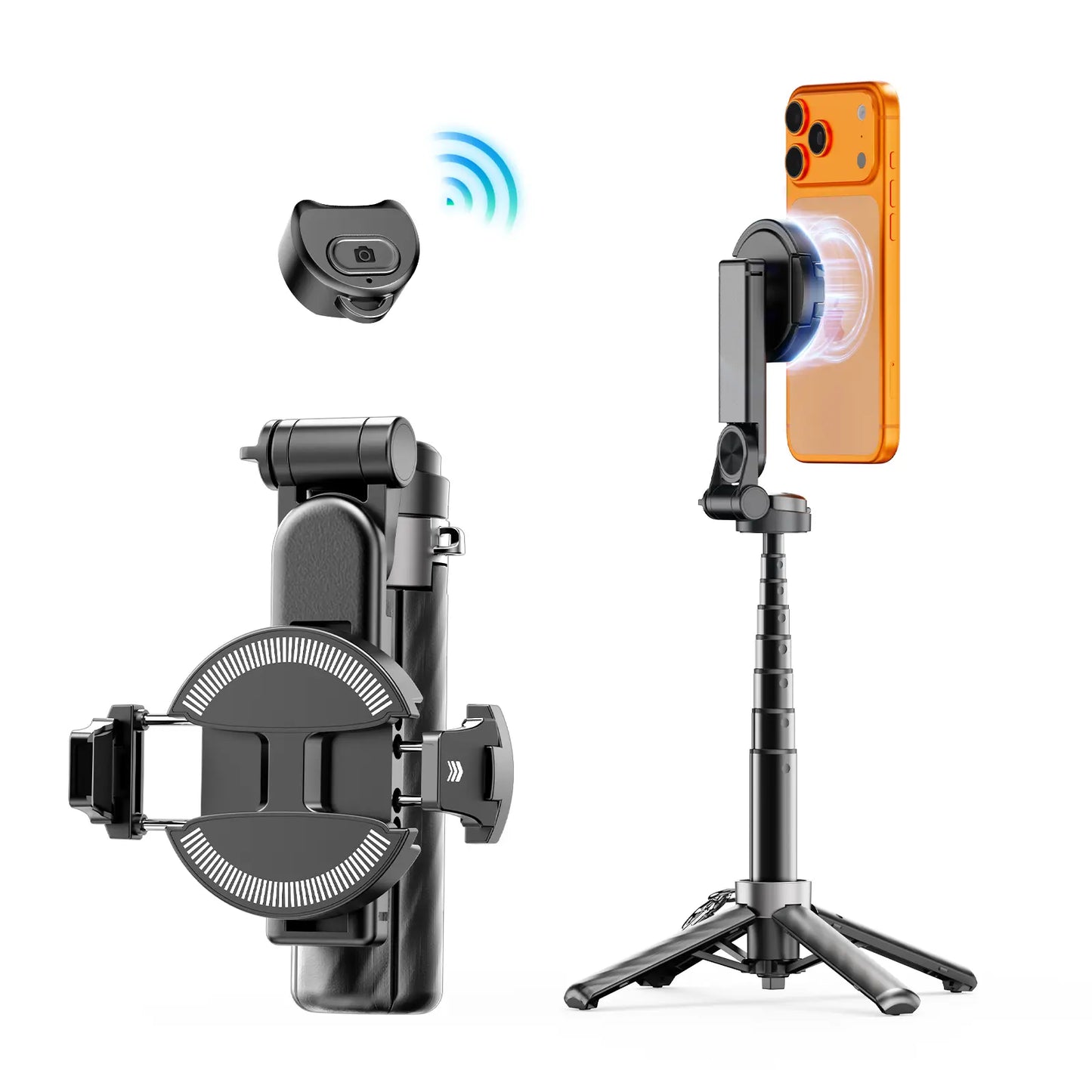4-In-1 Mini Selfie Stick Tripod , Extendable Magnetic Grip Phone Tripod with Detachable Remote Pocket Size, Phone Magnetic Grip Vlog Livestreaming Photography, Support Remote Bluetooth Remote Control