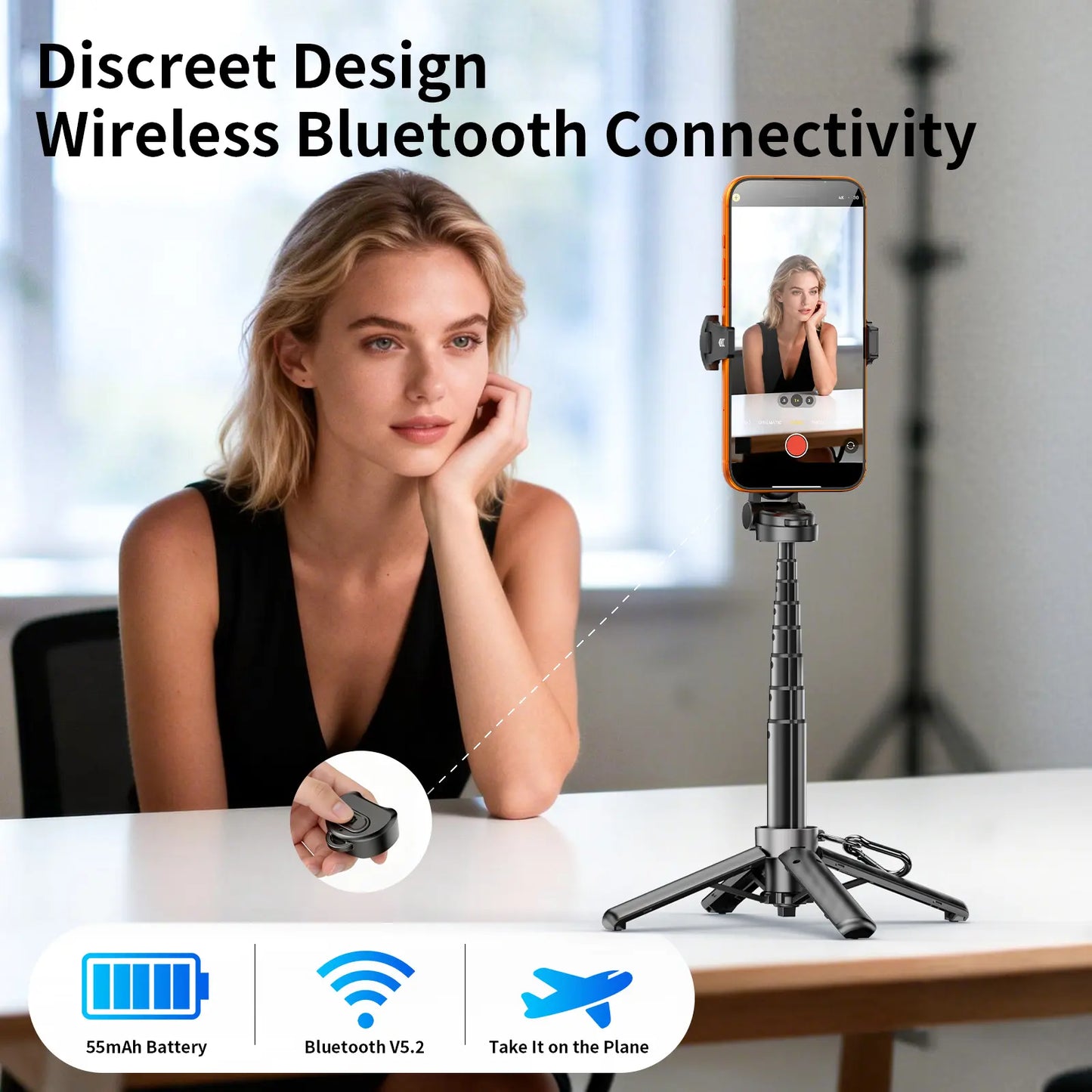 4-In-1 Mini Selfie Stick Tripod , Extendable Magnetic Grip Phone Tripod with Detachable Remote Pocket Size, Phone Magnetic Grip Vlog Livestreaming Photography, Support Remote Bluetooth Remote Control
